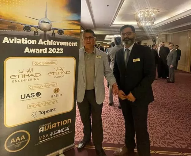 Alpha Aircraft Systems INC, general manager Israel Leppe (left) with his colleague Shubesh Thakore at the MRO Middle East.
